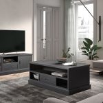 Salon avec une collection en gris anthracite. Un meuble TV et une table basse avec rangement.