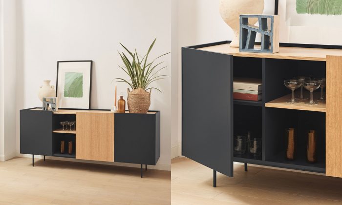 Un buffet finition bois MDF et la niche en placage chêne. L'ensemble est laqué en gris anthracite.